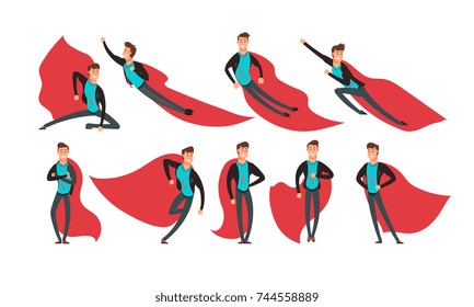 Cartoon businessman superhero in actions and different poses vector set. Superhero in red cape, strength and power man illustration