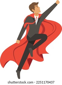Cartoon businessman superhero mascot. Powerful man in red cape