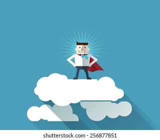 Cartoon businessman Superhero with a red cape on cloud, vector  illustration , flat design