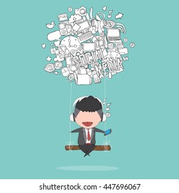 Cartoon businessman swinging on social network background with media icons hand lettering and doodles elements background., drawing by hand vector