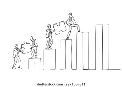 Cartoon of businessman and team bring puzzle to the top. Concept of teamwork. One line art style