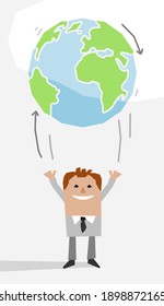 Cartoon Businessman throwing up the Earth like a Balloon- paper-cut style