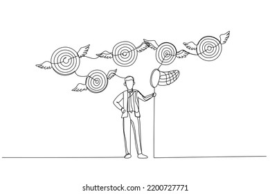 Cartoon of businessman try to catch flying target. Continuous line art
