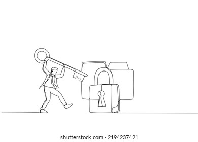 Cartoon of businessman try to unlock folder secure data file document. Metaphor for internet privacy, cyber security, and data leak. Single continuous line art style
