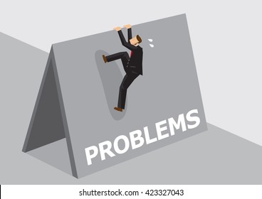 Cartoon businessman trying to climb over high wall with text Problems. Vector illustration on overcoming challenging problems and adversity in business concept isolated on plain background.