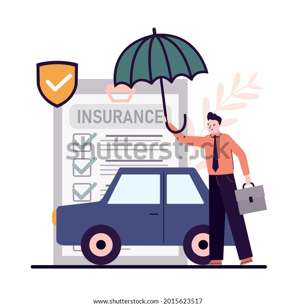 Cartoon businessman with umbrella protect\
due to сar insurance. Technical assistance in case of accidents.\
Transport insurance protection. Support concept. Automobile\
service. Flat vector\
illustration