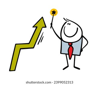 Cartoon businessman used magic to increase the company profit. Vector illustration of doodle stickman with  magic wand in the office. Fake success. Isolated character on white background.