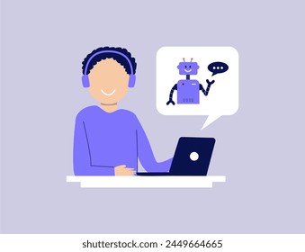 A cartoon businessman uses a laptop to connect with AI robot or chatbot illustration.