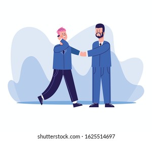 cartoon businessman using a cellphone and businessman standing over white background, colorful design, vector illustration