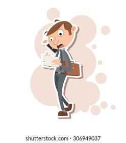 Cartoon businessman using digital tablet while talking on mobile phone.