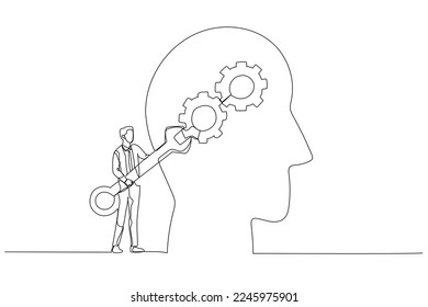 Cartoon of businessman with using wrench fixing gear cogwheels metaphor for change mindset attitude. One line art style