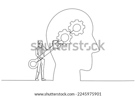 Cartoon of businessman with using wrench fixing gear cogwheels metaphor for change mindset attitude. One line art style