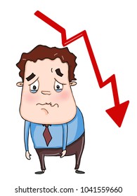 cartoon businessman very sad and cry and falling graph of success