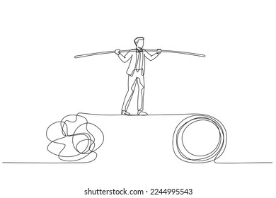 Cartoon of businessman walk on tight rope balancing between problem. Single line art style