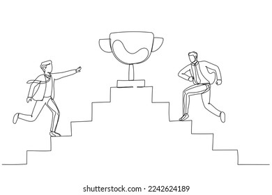 Cartoon of businessman walk up stair compete to win trophy over competition. One line art style