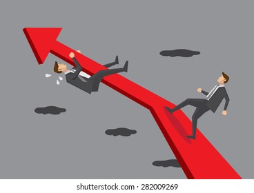 Cartoon businessman walking up a steep bold red arrow and another businessman clinging on direction changing arrowhead. Creative vector illustration for business risk and change concept.