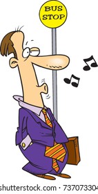 Cartoon Businessman Whistling While He Waits At A Bus Stop