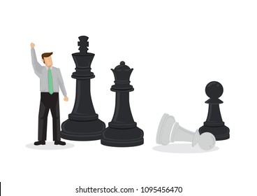Cartoon businessman winning in giant chess game. Creative vector illustration on business strategy Vector cartoon illustration