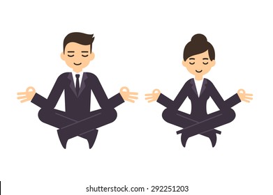 Cartoon businessman and woman in formal suits meditating in lotus pose. Isolated on white background.