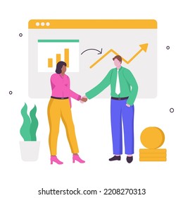 Cartoon Businessman And Woman Handshaking Each Other With Growth Chart Presentation On White Background.