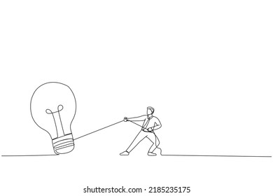 Cartoon of businessman work hard to pulling big light bulb idea. Innovation or inspiration concept. Continuous line art style
