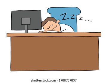 Cartoon businessmanman falling asleep at the desk in the office, vector illustration. Black outlined and colored.