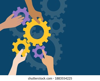 Cartoon businessmans hands joining gears into single gearbox mechanism. Business team and teamwork concept. vector illustration in flat design. Vector illustration