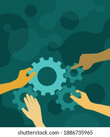 Cartoon businessmans hands joining gears into single gearbox mechanism. Business team and teamwork concept. vector illustration in flat design and tidewater green color. Vector illustration
