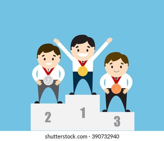 Cartoon businessmen celebrate on Winning Podium. The Businessmen with the gold, bronze and silver medals on red ribbons. Vector illustration. Flat design