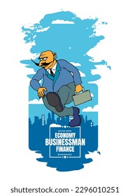 Cartoon businessmen character with urban landscape in background