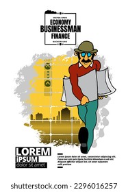 Cartoon businessmen character with urban landscape in background