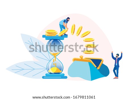 Cartoon Businessmen Characters Appreciating Time and Earning Money Metaphor. Office Worker Stand on Hourglass and Throw Coins in Wallet. Coworker Enjoy Successful Career. Vector Flat Illustration