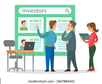 Cartoon businessmen choose financial investors, woman uses tablet. Office chair, desk with laptop. On large green board information about investors, sums of money. Financial investment and savings