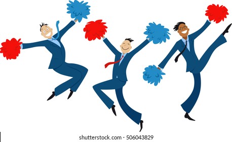 Cartoon businessmen doing cheer-leading routine as a metaphor for team motivation, EPS 8 vector illustration
