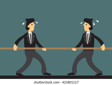 Cartoon businessmen engaged in tough tug of war. Vector illustration on metaphor for challenging business competition. 