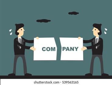Cartoon businessmen holding broken pieces of sign that says Company. Creative cartoon vector illustration on business problems and failures concept.