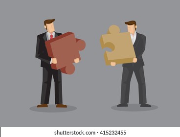 Cartoon businessmen holding large pieces of jigsaw puzzle. Creative vector illustration on business fit concept isolated on grey background.