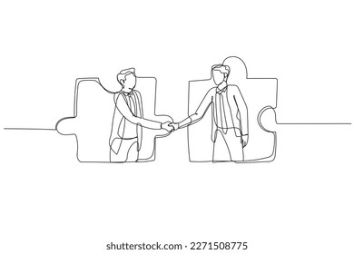 Cartoon of businessmen inside jigsaw puzzle shake hand together. Concept of business agreement. One line art style