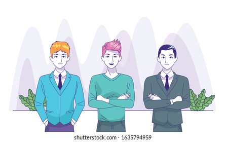 cartoon businessmen and man standing over white background, colorful design