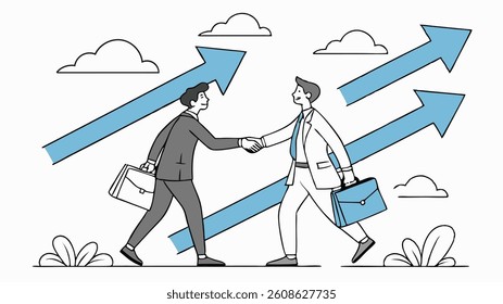 Cartoon businessmen shaking hands with blue arrows, symbolizing partnership. Flat vector design with sky background, briefcases, and minimalist style representing corporate teamwork and success.