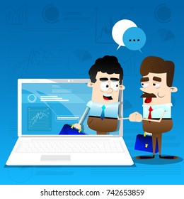 Cartoon businessmen shaking hands through the screen. Concept of global business negotiation.