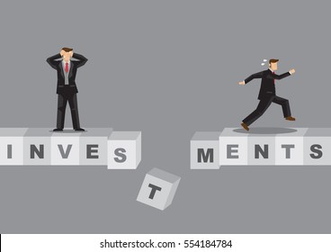 Cartoon businessmen standing on bridge made of alphabet blocks spelled Investments. Creative vector illustration on risk investments metaphor.