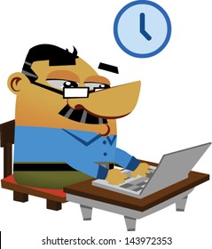 Cartoon businessmen typing on a computer - Vector clip art illustration on white
