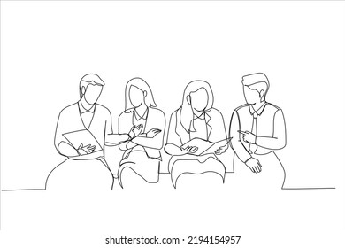 Cartoon of businessmen and women sit near meeting. Continuous line art
