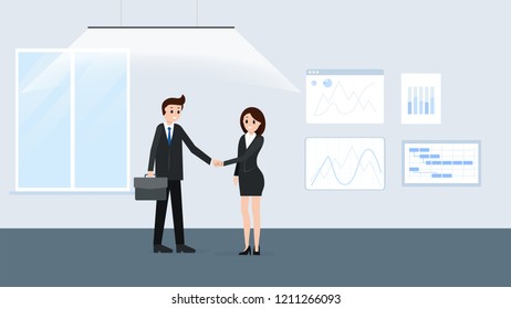 Cartoon businesspeople at meeting room poster. Man and woman shaking hands after making good deal vector illustration. Office-room interior design and graphs on background