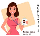 Cartoon businesswoman. Beautiful brunette lady in fashionable dress showing badge. Close up. Vector illustration. EPS10