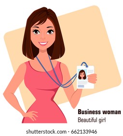 Cartoon businesswoman. Beautiful brunette lady in fashionable dress showing badge. Close up. Vector illustration. EPS10