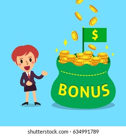 Cartoon businesswoman with big bonus money bag