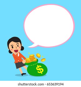 Cartoon businesswoman and big money bag with white speech bubble