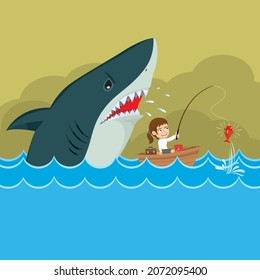 Cartoon Businesswoman Boat Fishing With Huge Shark Sneak Attack, Businessman Sharks Concept, Illustration Vector Cartoon